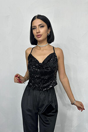 Yonca Moda Evi Siyah Askılı Degaje Bluz