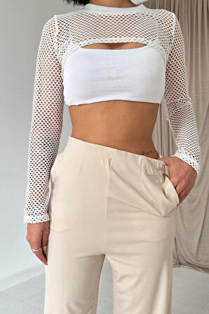 Yonca Moda Evi Bej Pensli Lastik Detaylı Pantolon