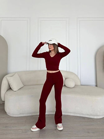 Yonca Moda Evi V Yaka Uzun Kollu Bluz İspanyol Paçalı Tayt İkili Takım - Bordo