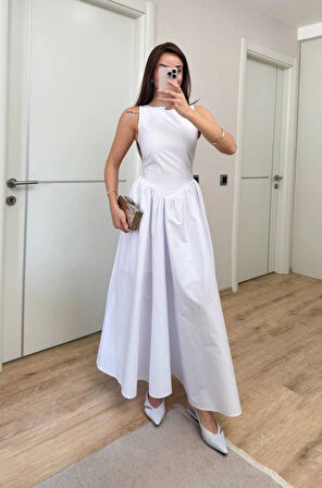 Yonca Moda Evi Sifir Kol Beli Oturtmalı Kolsuz Uzun Elbise - Beyaz