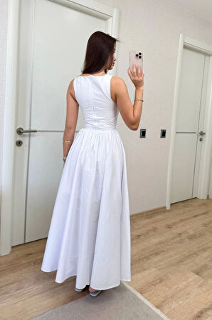 Yonca Moda Evi Sifir Kol Beli Oturtmalı Kolsuz Uzun Elbise - Beyaz