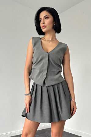Yonca Moda Evi Gri Pilikaşe Mini Etek
