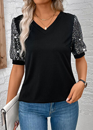 Yonca Moda Evi Kadın Kısa Kollu V Yakalı Pul Payet Detaylı Viskon Bluz
