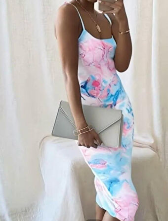 Yonca Moda Evi Kadın Omuz Askılı Dijital Baskılı Midi Boy Elbise