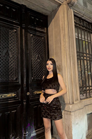 Yonca Moda Evi PÜSKÜL PAYET CROP BLUZ-KISA ETEK TAKIM - Siyah
