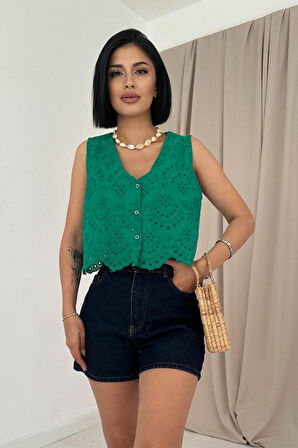 Yonca Moda Evi Yeşil Sıfır Kol Brode Bluz