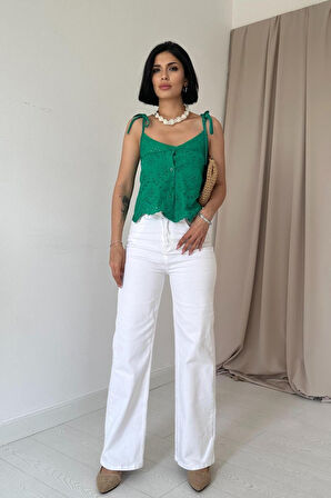 Yonca Moda Evi Yeşil Bağcıklı Brode Bluz