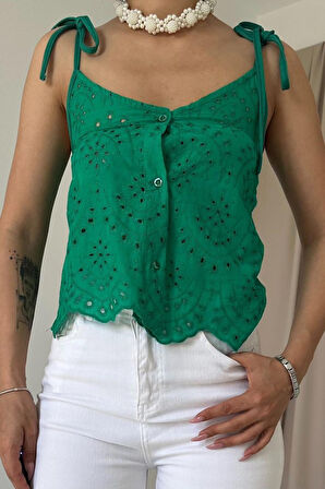 Yonca Moda Evi Yeşil Bağcıklı Brode Bluz