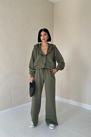 Yonca Moda Evi Haki Beli Lastikli Ceket Ve Pantolon Takım