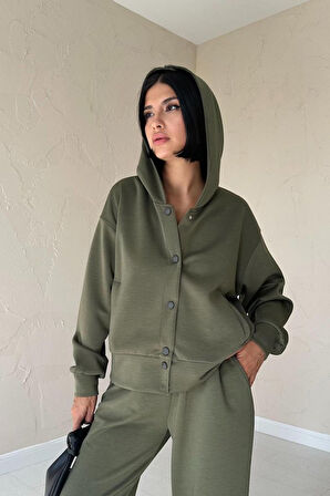 Yonca Moda Evi Haki Beli Lastikli Ceket Ve Pantolon Takım