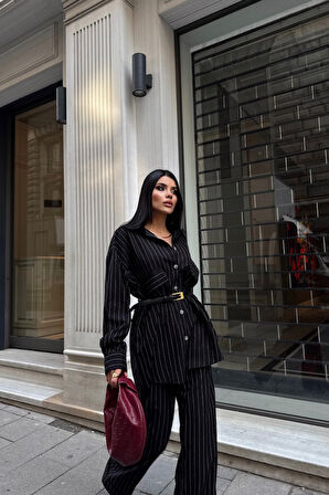 Yonca Moda Evi ÇİZGİLİ ARKA TASARIM  DETAYLI  GÖMLEK-PANTOLON TK - Siyah