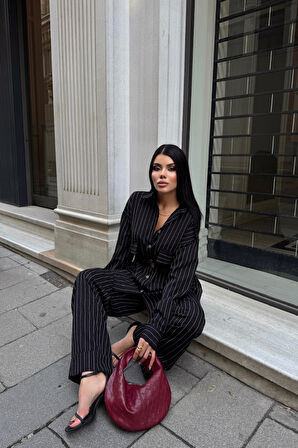 Yonca Moda Evi ÇİZGİLİ ARKA TASARIM  DETAYLI  GÖMLEK-PANTOLON TK - Siyah