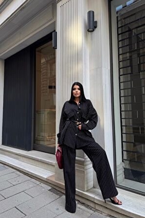 Yonca Moda Evi ÇİZGİLİ ARKA TASARIM  DETAYLI  GÖMLEK-PANTOLON TK - Siyah