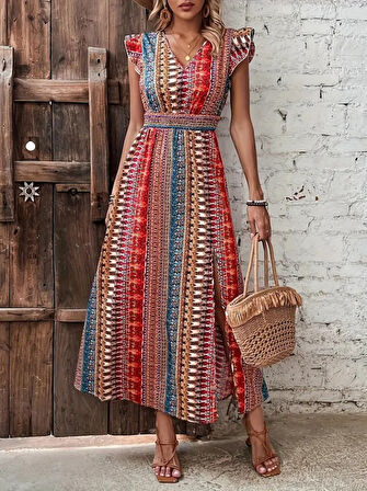 Yonca Moda Evi Kadın Kısa Kollu V Yakalı Desenli Yandan Yırtmaçlı Süprem Elbise