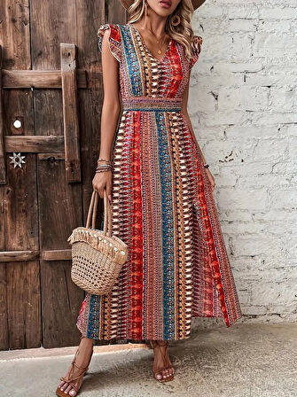 Yonca Moda Evi Kadın Kısa Kollu V Yakalı Desenli Yandan Yırtmaçlı Süprem Elbise