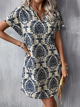 Yonca Moda Evi Kadın Kısa Kollu çentik Yaka çiçek Desenli Keten Elbise