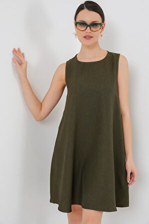Yonca Moda Evi 2444 Mini Keten Elbise - Haki