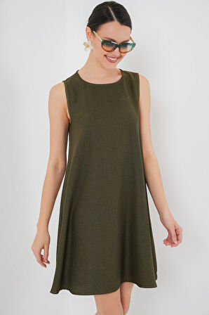 Yonca Moda Evi 2444 Mini Keten Elbise - Haki
