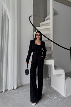 Yonca Moda Evi JAKARLI BLUZU TASARIM DETAYLI CEKET-PANTOLON-BLUZ 3 LÜ TAKIM - Siyah