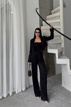 Yonca Moda Evi JAKARLI BLUZU TASARIM DETAYLI CEKET-PANTOLON-BLUZ 3 LÜ TAKIM - Siyah