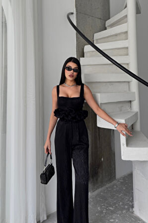 Yonca Moda Evi JAKARLI BLUZU TASARIM DETAYLI CEKET-PANTOLON-BLUZ 3 LÜ TAKIM - Siyah