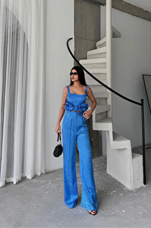 Yonca Moda Evi JAKARLI BLUZU TASARIM DETAYLI CEKET-PANTOLON-BLUZ 3 LÜ TAKIM - Mavi