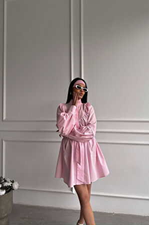 Yonca Moda Evi ÖNDEN DÜĞMELİ POPLİN KLOŞ ELBİSE BAĞLAMA KEMER DETAYLI - Pembe