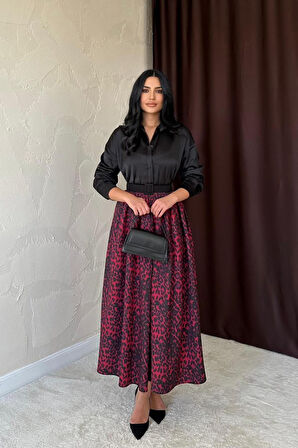 Yonca Moda Evi Bordo Leopar Büzgülü Uzun Etek