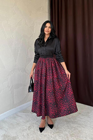 Yonca Moda Evi Bordo Leopar Büzgülü Uzun Etek