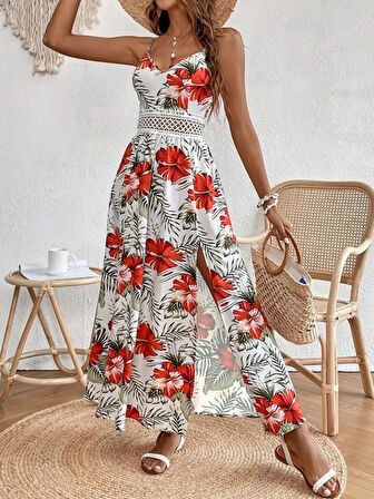 Yonca Moda Evi Kadın Ip Askılı V Yakalı Bel Güpür çiçek Desenli Yandan Yırtmaçlı Maksi Süprem Elbise