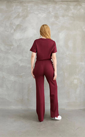 Yonca Moda Evi Osy Modal Yumuşak Dokulu Kumaş Bisiklet Yaka Parçalı Detaylı Kısa Kollu Takım - Bordo
