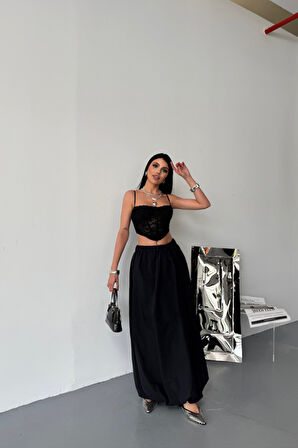 Yonca Moda Evi BEL LASTİKLİ BALON ETEK ŞANEL BOY SOFT KUMAŞ - Siyah