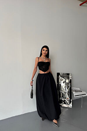 Yonca Moda Evi BEL LASTİKLİ BALON ETEK ŞANEL BOY SOFT KUMAŞ - Siyah