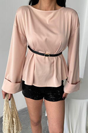 Yonca Moda Evi KEMER DETAYLI SATEN BLUZ - Pembe