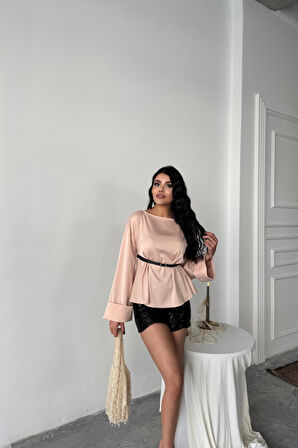 Yonca Moda Evi KEMER DETAYLI SATEN BLUZ - Pembe