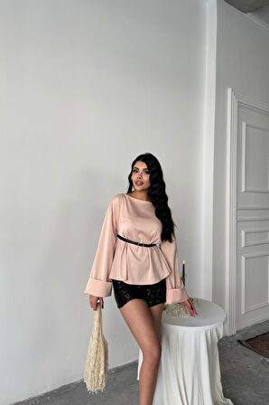Yonca Moda Evi KEMER DETAYLI SATEN BLUZ - Pembe