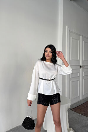 Yonca Moda Evi KEMER DETAYLI SATEN BLUZ - Beyaz