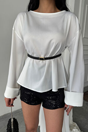 Yonca Moda Evi KEMER DETAYLI SATEN BLUZ - Beyaz