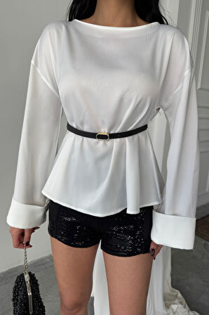 Yonca Moda Evi KEMER DETAYLI SATEN BLUZ - Beyaz