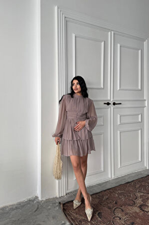 Yonca Moda Evi ŞİFON KATLI UZUN KOL ELBİSE - Vizon