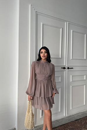 Yonca Moda Evi ŞİFON KATLI UZUN KOL ELBİSE - Vizon