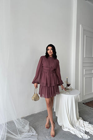 Yonca Moda Evi ŞİFON KATLI UZUN KOL ELBİSE - Pudra