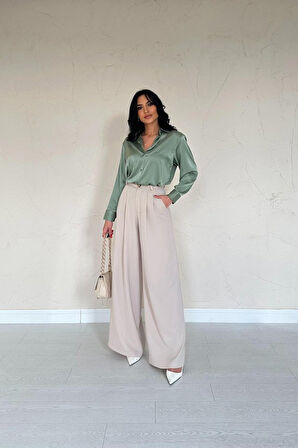 Yonca Moda Evi Bej Pileli Comfort Pantolon