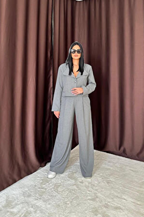 Yonca Moda Evi Gri Yanlardan Şeritli Garnili Pantolon
