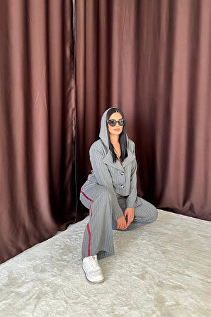Yonca Moda Evi Gri Yanlardan Şeritli Garnili Pantolon