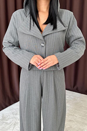 Yonca Moda Evi Gri Yanlardan Şeritli Garnili Pantolon
