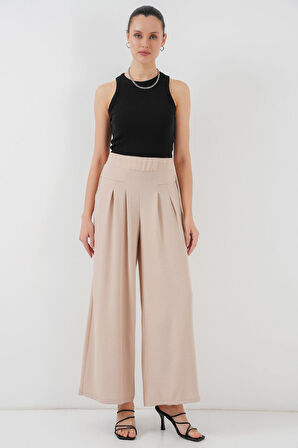 Yonca Moda Evi Geniş Paça Pileli Pantolon 6718 - Krem