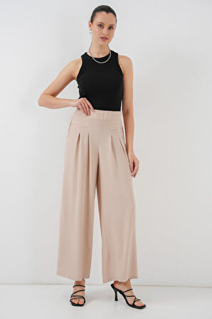 Yonca Moda Evi Geniş Paça Pileli Pantolon 6718 - Krem