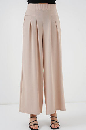 Yonca Moda Evi Geniş Paça Pileli Pantolon 6718 - Krem