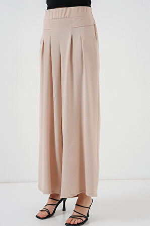 Yonca Moda Evi Geniş Paça Pileli Pantolon 6718 - Krem